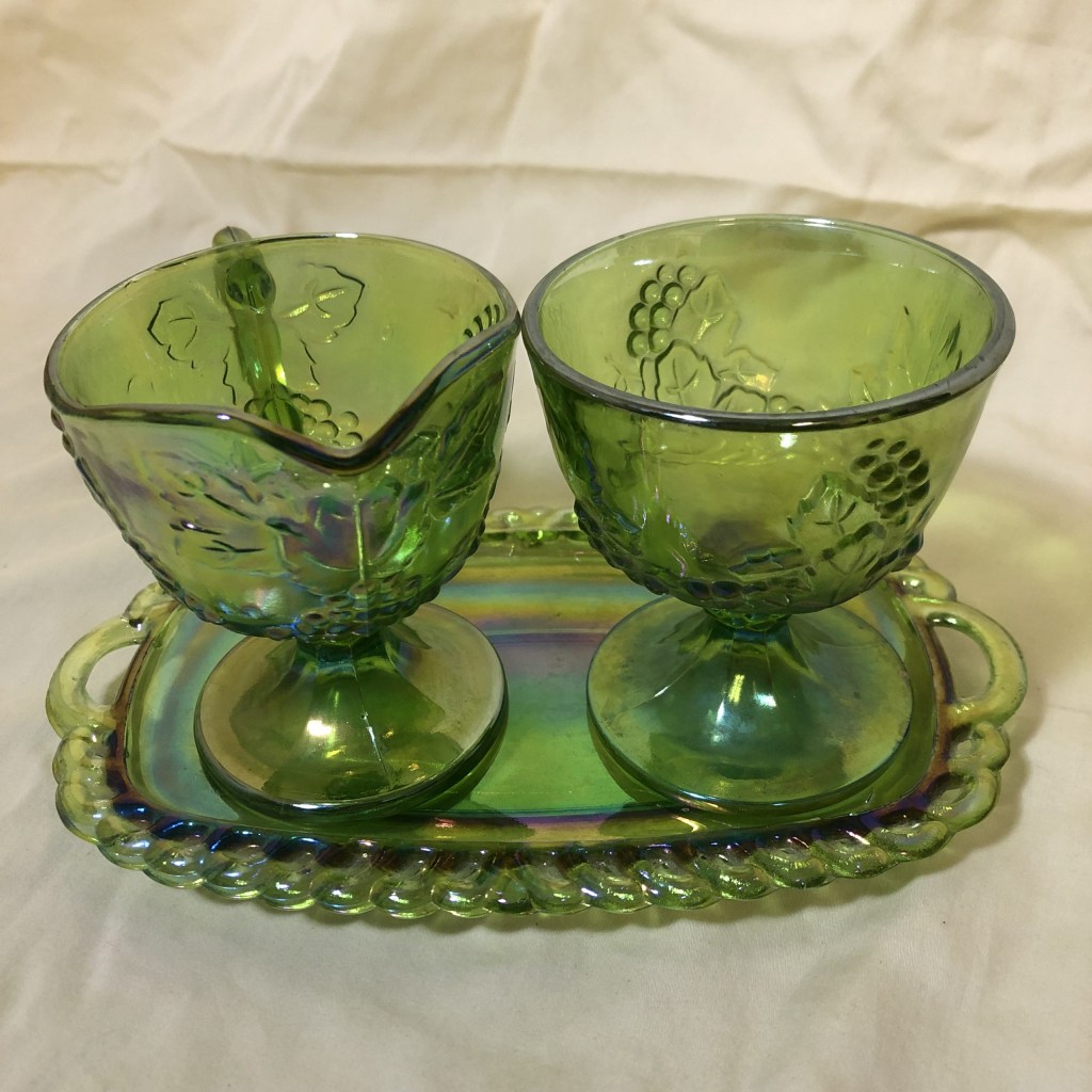 Picture of: Vintage Indiana Green Carnival Glass Harvest Grape  Piece Creamer Sugar  Tray Set
