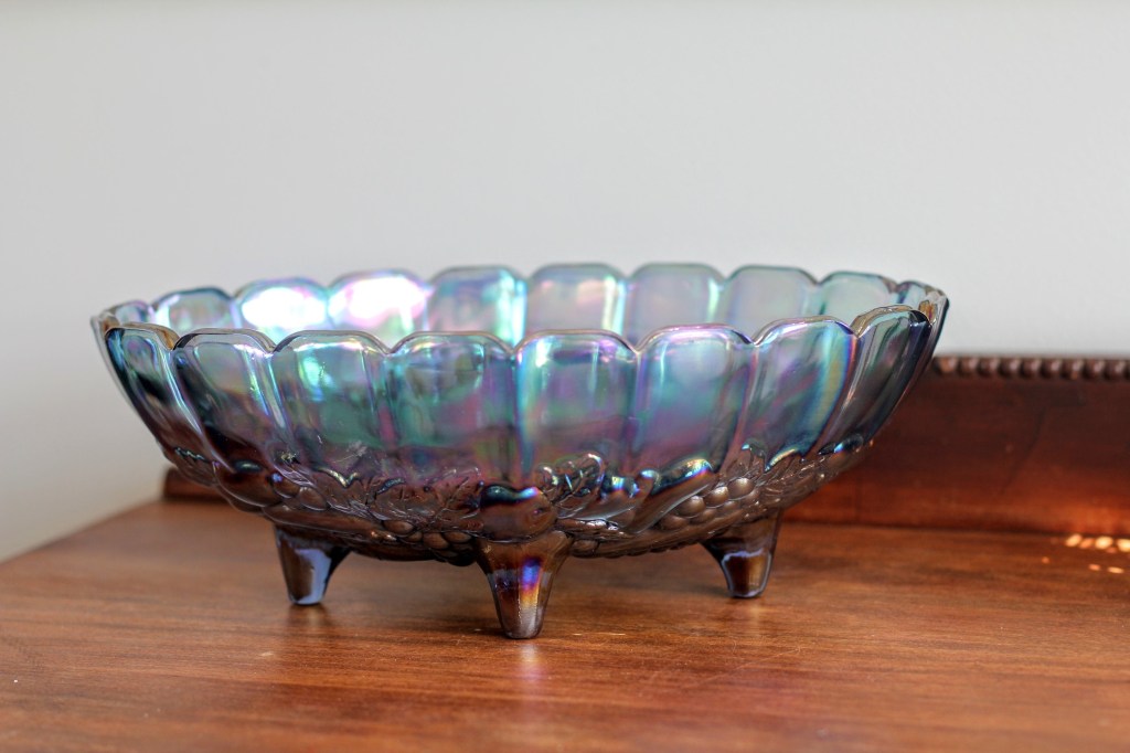 Picture of: Blue Iridescent Carnival Glass Oval Footed Fruit Bowl Indiana