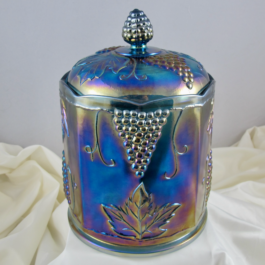 Picture of: Indiana Blue Harvest Grape Carnival Glass Large Canister