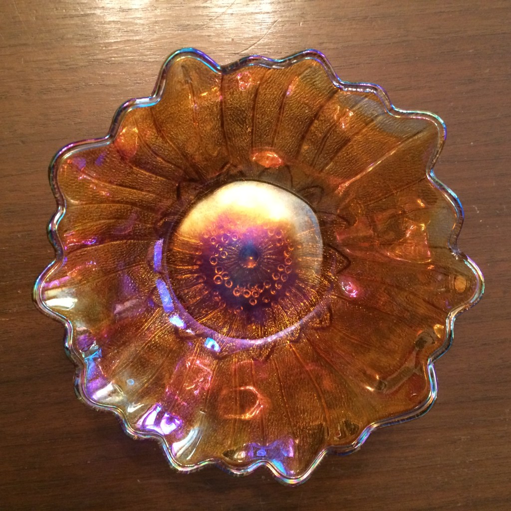 Picture of: Iridescent Orange Marigold Amber Carnival Glass Flower Bowl