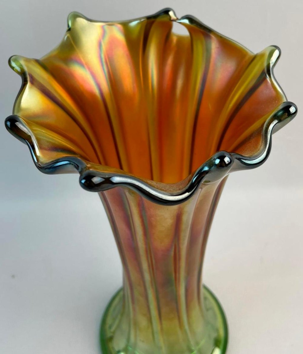 Picture of: Lot – Antique Northwood Carnival Glass “Thin Rib” Lime Green Vase