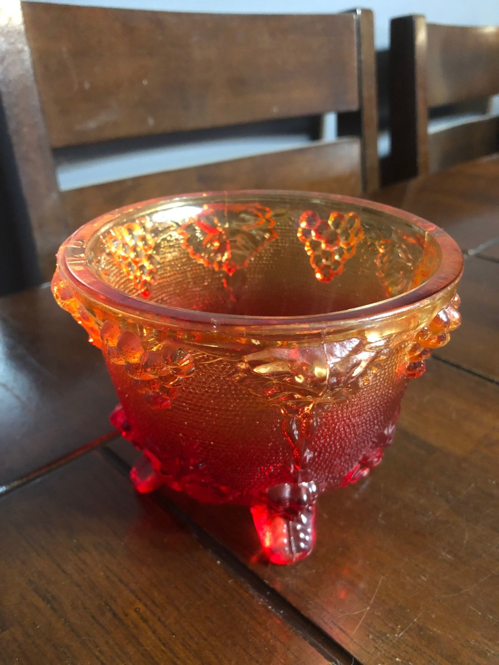 Picture of: Vintage Orange Ombré four footed carnival glass candy dish