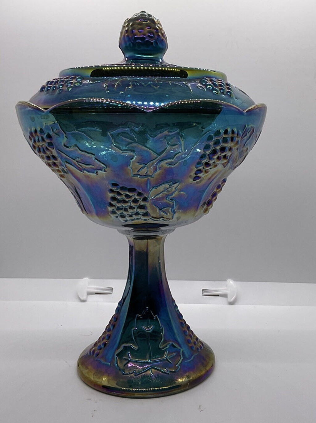 Picture of: Vtg Indiana Iridescent Blue Carnival Glass Compote Pedestal Candy Dish & Lid